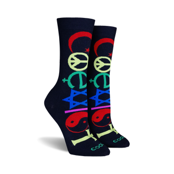 Pair of navy blue crew socks with colorful peace symbols: crescent moon, peace sign, Christian cross, Star of David, and yin-yang.