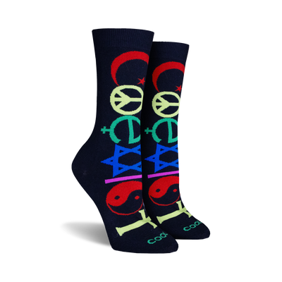 black crew socks for women adorned with multicolored religious symbols like peace sign, star of david, and christian cross.  