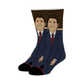 A pair of crew socks depicting Ronald Reagan in a navy suit and red tie.  The background is brown, and the design is illustrated.