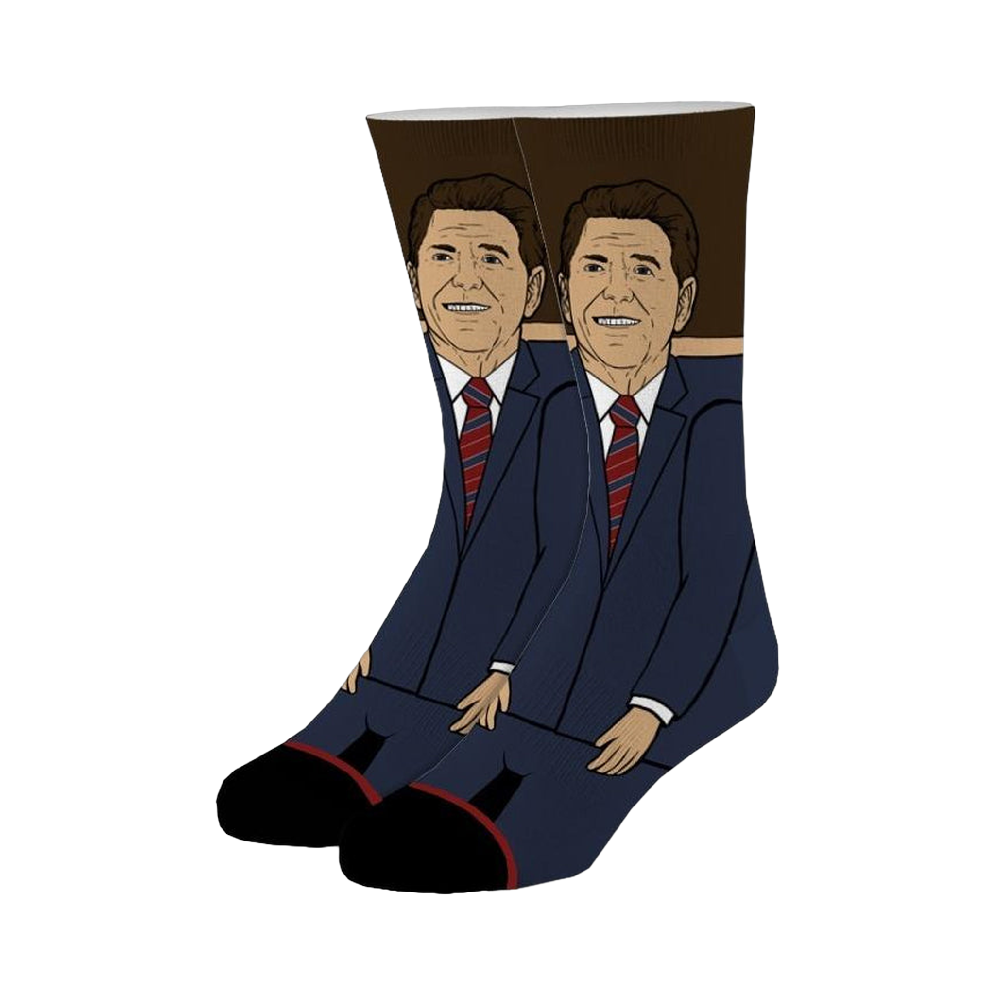 A pair of crew socks depicting Ronald Reagan in a navy suit and red tie.  The background is brown, and the design is illustrated.