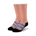 Pair of crew socks; peach color with hairy leg design wearing blue sandals. Fun, novelty socks.