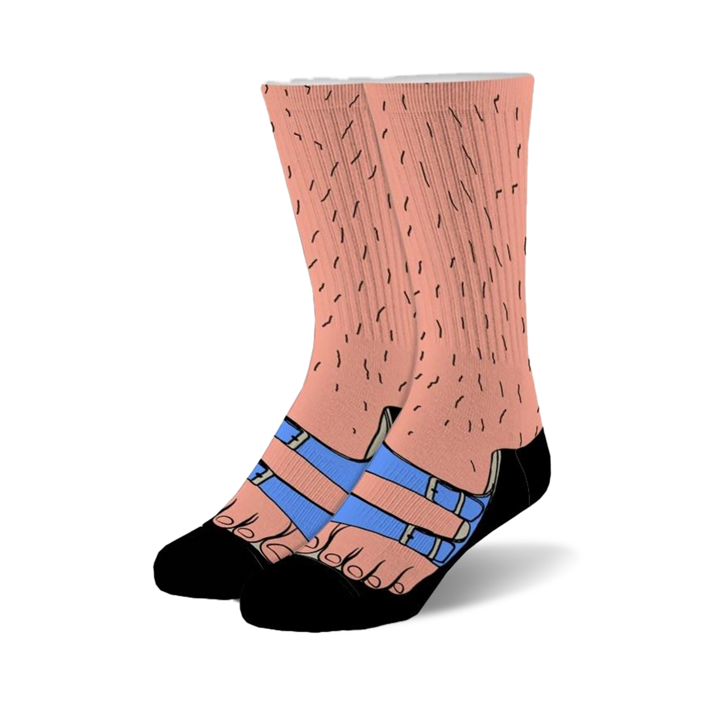 Pair of crew socks; peach color with hairy leg design wearing blue sandals. Fun, novelty socks.