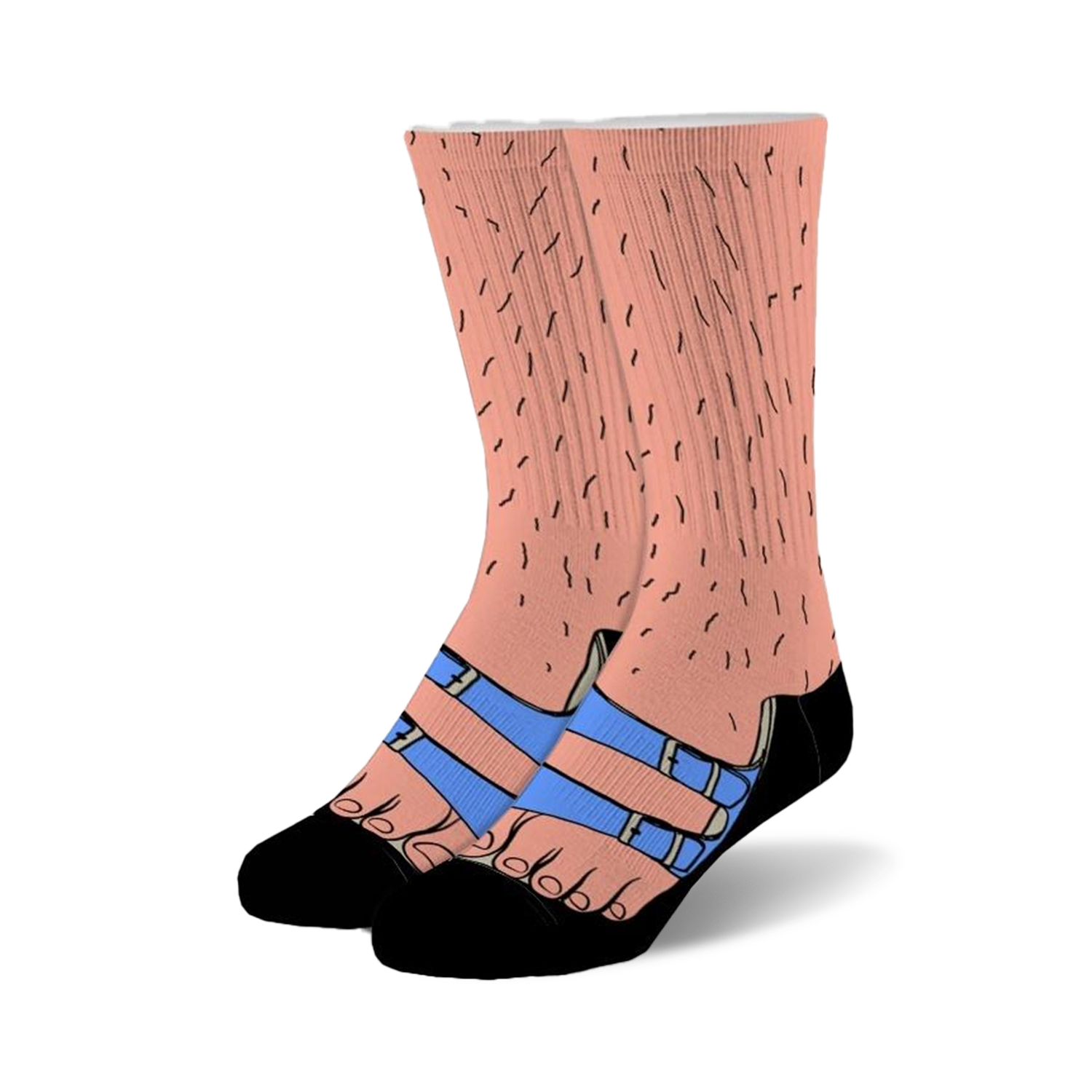 Pair of crew socks; peach color with hairy leg design wearing blue sandals. Fun, novelty socks.