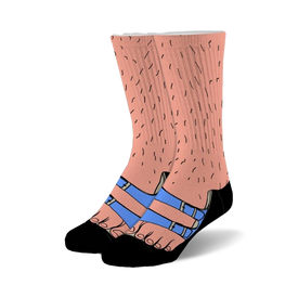 photo-realistic hairy male feet in blue sandals design crew socks for men and women.  