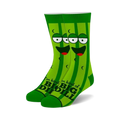 Pair of green crew socks featuring a cartoon pickle with a smiling face and the text 'I'm kind of a big dill'.