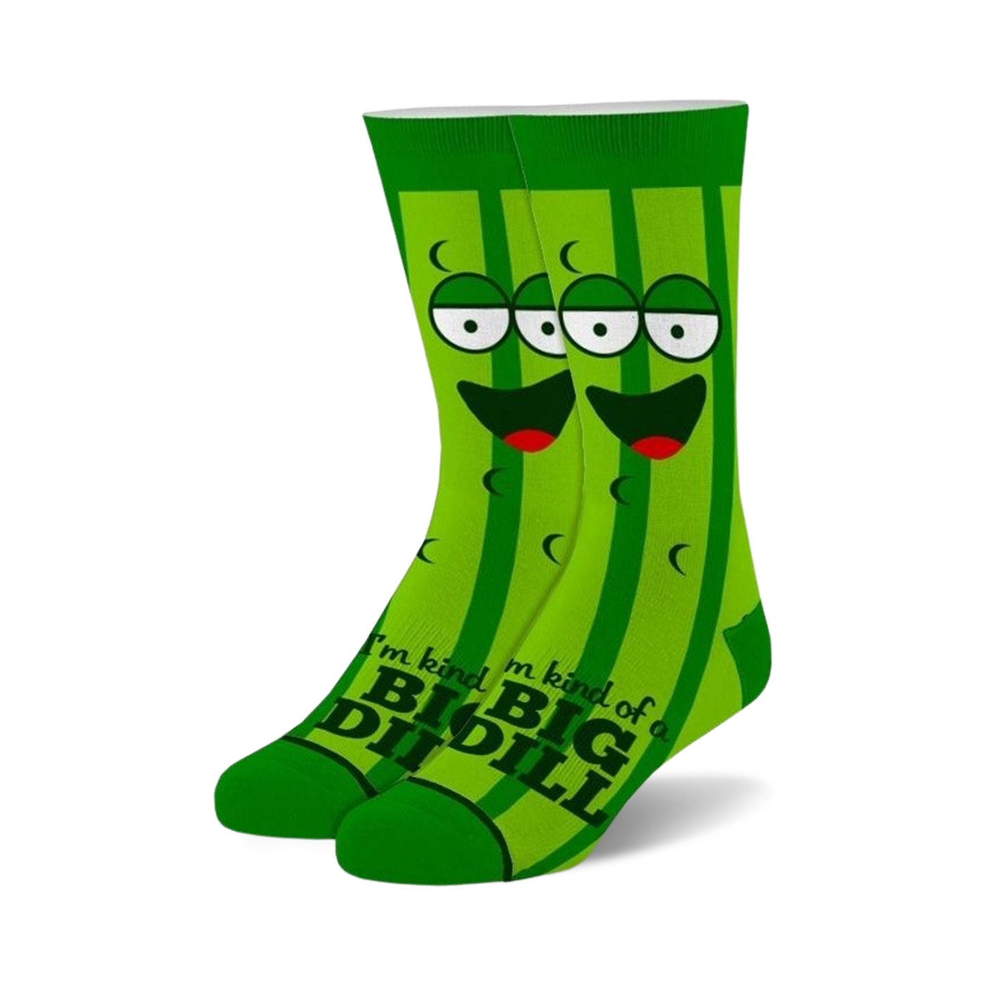 Pair of green crew socks featuring a cartoon pickle with a smiling face and the text 'I'm kind of a big dill'.