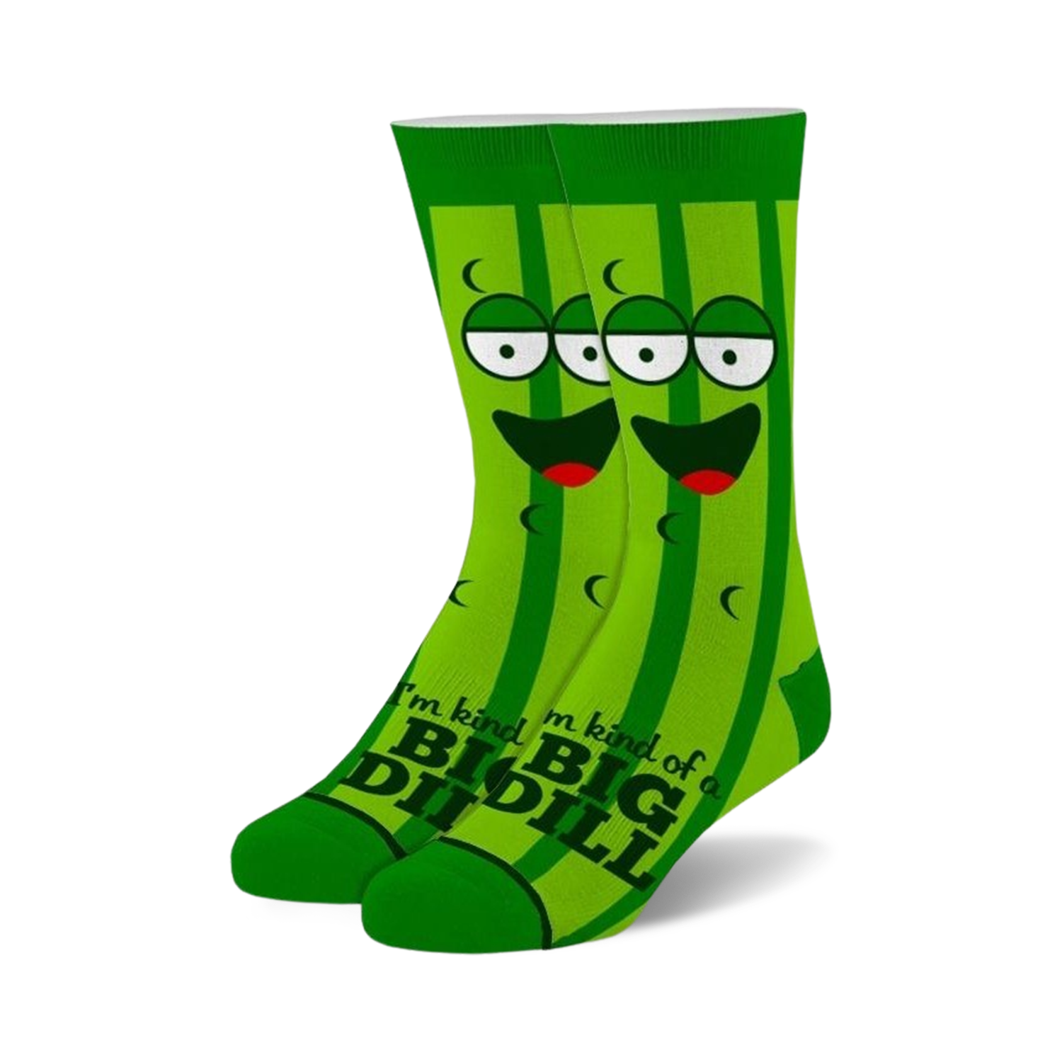 Pair of green crew socks featuring a cartoon pickle with a smiling face and the text 'I'm kind of a big dill'.