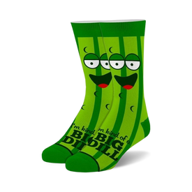 green crew socks with cartoon cucumbers wearing sunglasses feature phrase 'i'm kind of a big dill', fits men, women.   