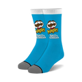 Pair of crew socks; bright blue with Pringles Salt & Vinegar logo, including Mr. Pringle's mustache; gray heel and toe.