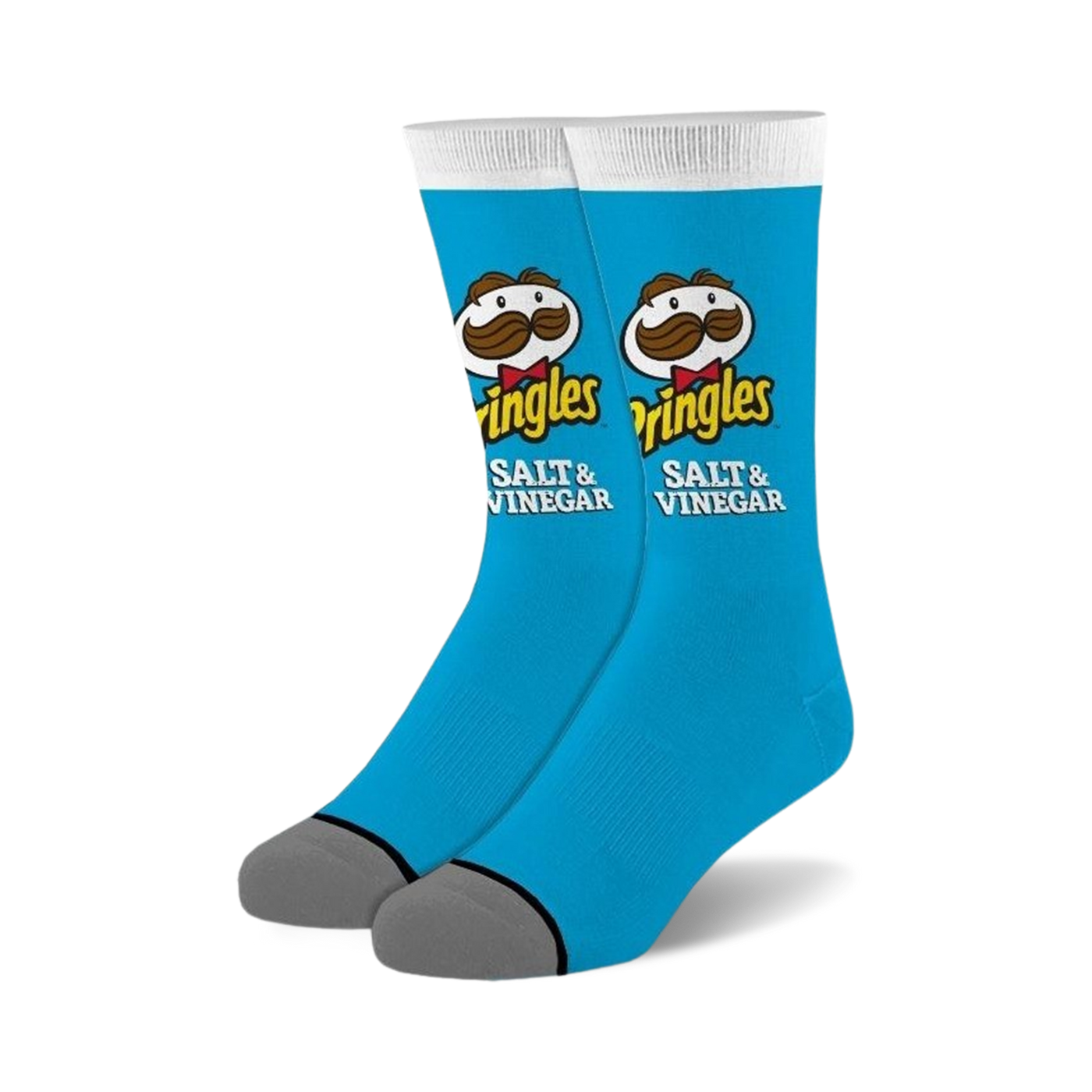 Pair of crew socks; bright blue with Pringles Salt & Vinegar logo, including Mr. Pringle's mustache; gray heel and toe.
