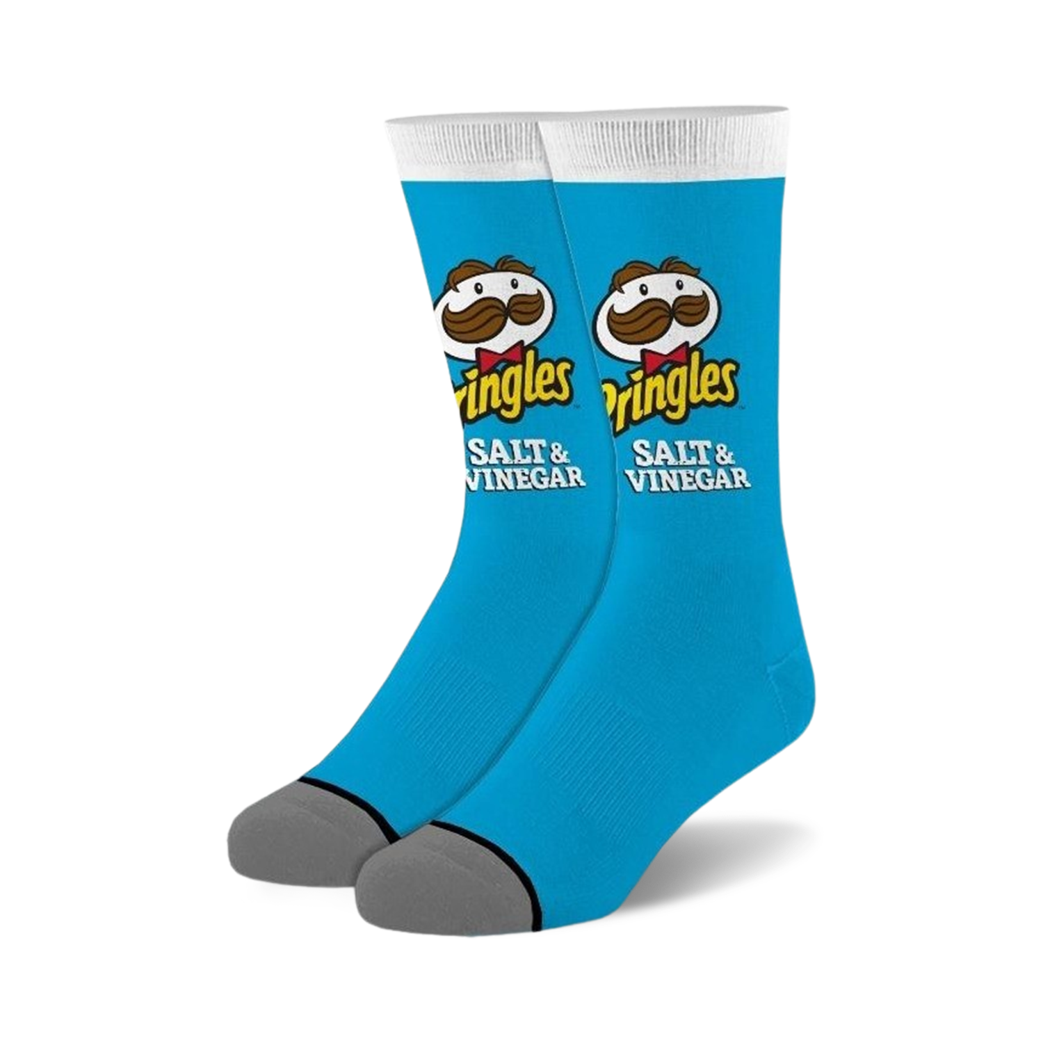 Pair of crew socks; bright blue with Pringles Salt & Vinegar logo, including Mr. Pringle's mustache; gray heel and toe.