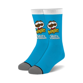 blue crew socks for men and women with white toe, heel, and top. pringles logo on the front featuring julius pringles and "pringles salt & vinegar" words.  