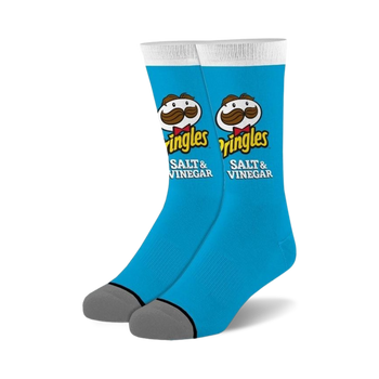 blue crew socks for men and women with white toe, heel, and top. pringles logo on the front featuring julius pringles and "pringles salt & vinegar" words.  