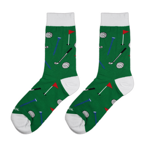 Flatlay product shot of a pair of green golf socks against a white background.