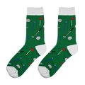Flatlay product shot of a pair of green golf socks against a white background.