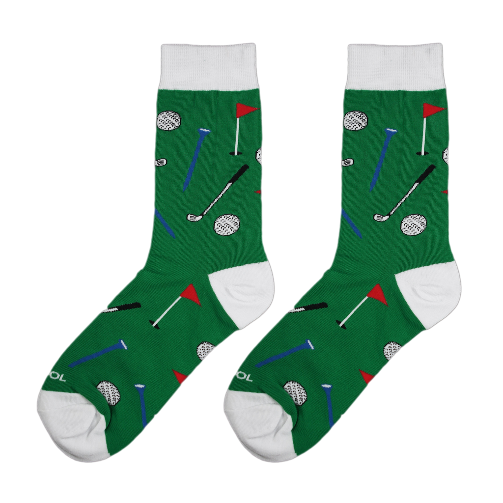 Flatlay product shot of a pair of green golf socks against a white background.