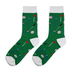 Flatlay product shot of a pair of green golf socks against a white background.