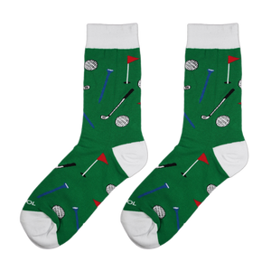 Flatlay product shot of a pair of green golf socks against a white background.