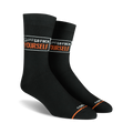 Pair of black crew socks with an orange 'Sorry Go Fuck Yourself' message.  Bold lettering in a boxed design.