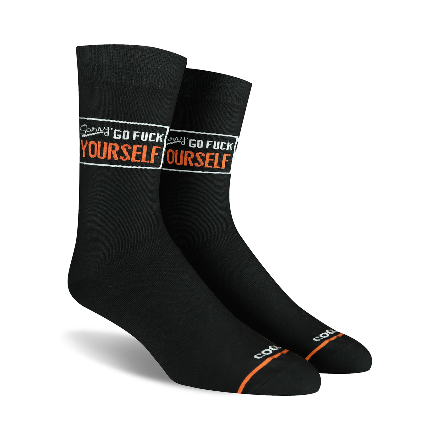 Pair of black crew socks with an orange 'Sorry Go Fuck Yourself' message.  Bold lettering in a boxed design.