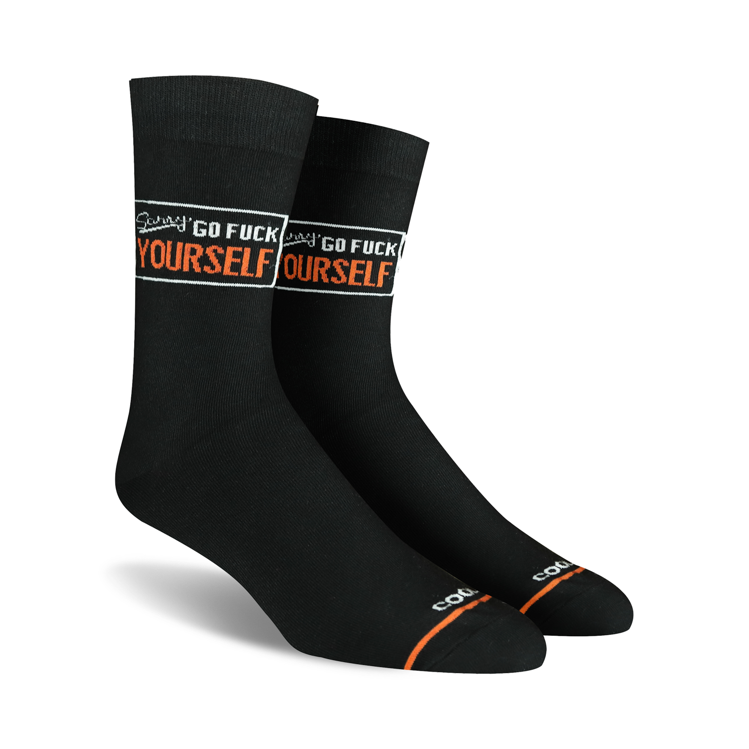 Pair of black crew socks with an orange 'Sorry Go Fuck Yourself' message.  Bold lettering in a boxed design.