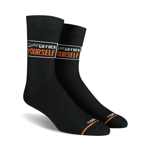 Pair of black crew socks with an orange 'Sorry Go Fuck Yourself' message.  Bold lettering in a boxed design.