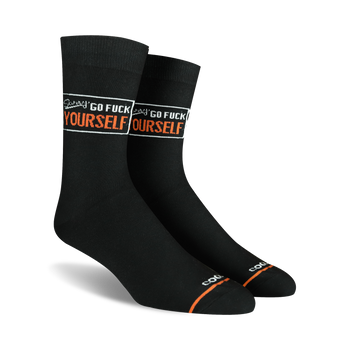 black crew socks with white and orange text that reads "sorry...go f*ck yourself".  
