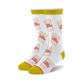 White crew socks with a repeating pattern of red and yellow Cup Noodles cup designs. Yellow cuff detail.