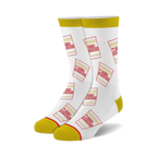 White crew socks with a repeating pattern of red and yellow Cup Noodles cup designs. Yellow cuff detail.