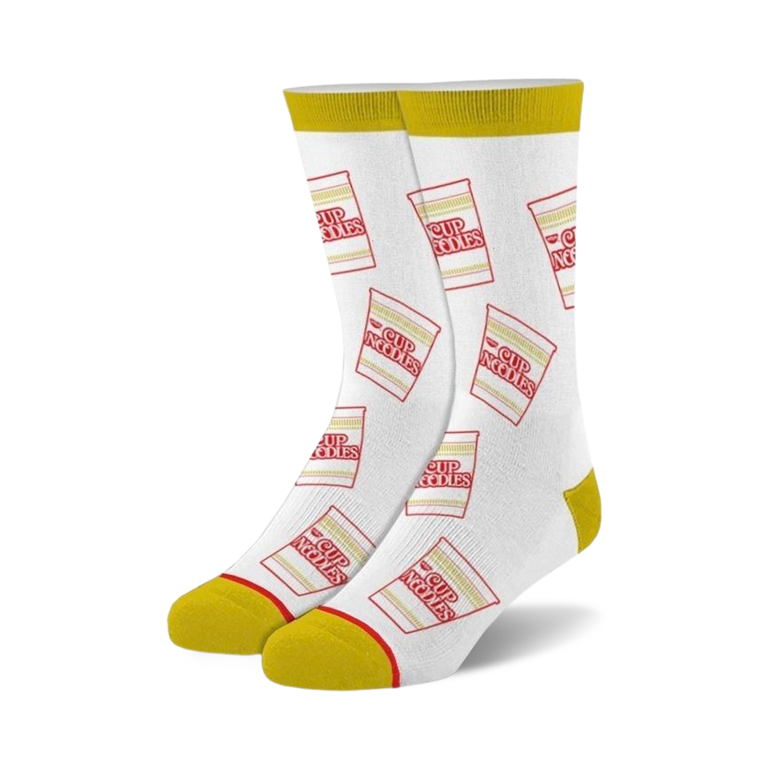 White crew socks with a repeating pattern of red and yellow Cup Noodles cup designs. Yellow cuff detail.
