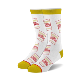 white crew socks with red & white cup noodles soup cups, for men and women.  