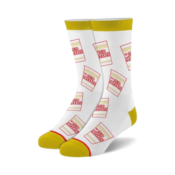 white crew socks with red & white cup noodles soup cups, for men and women.  