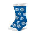 A pair of blue crew socks with a repeated White Castle logo pattern.  The logo is white and the socks have white cuffs.