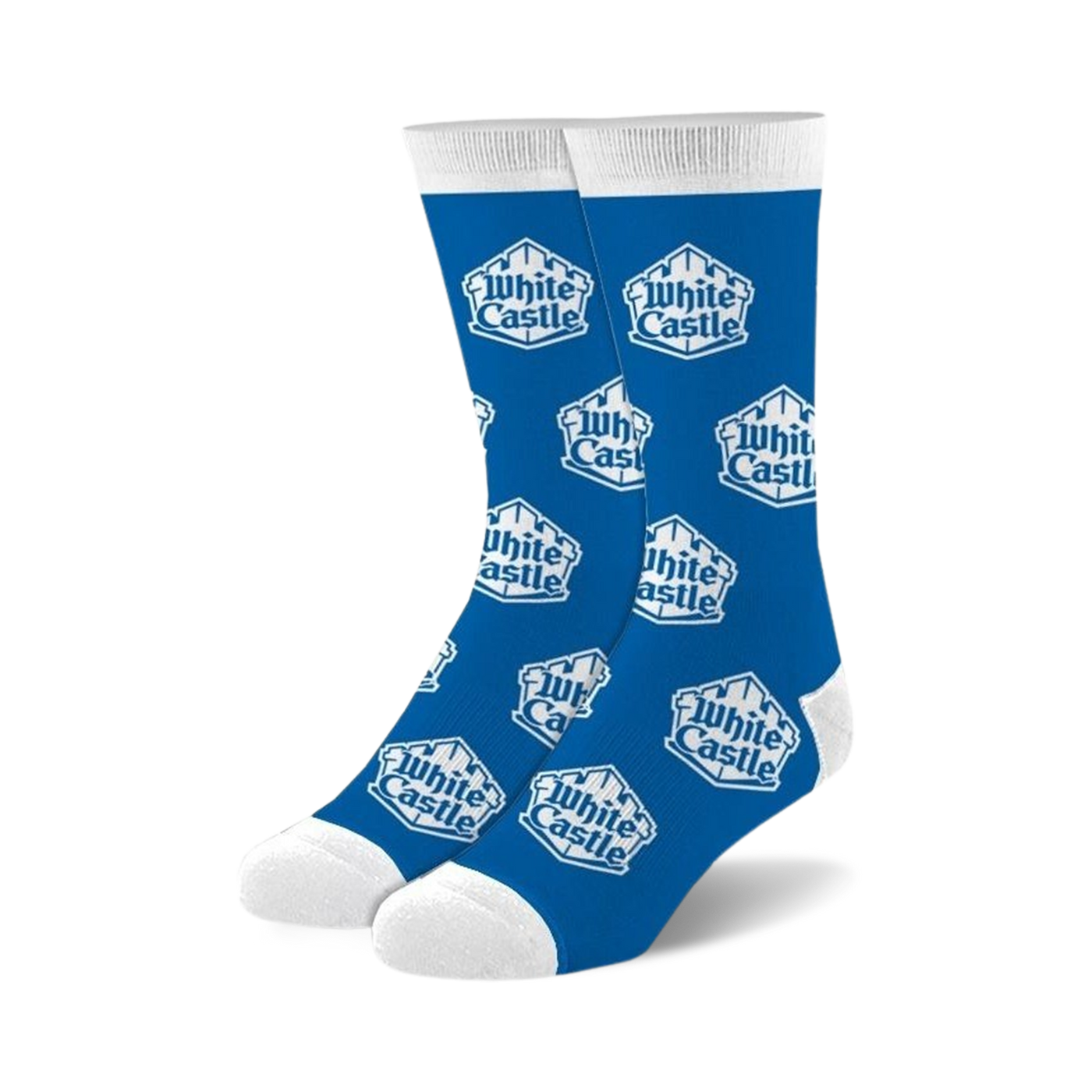 A pair of blue crew socks with a repeated White Castle logo pattern.  The logo is white and the socks have white cuffs.
