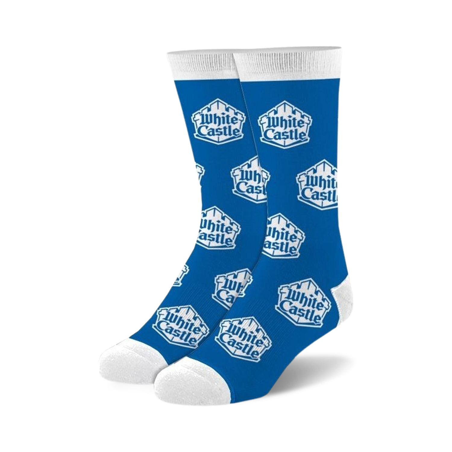 A pair of blue crew socks with a repeated White Castle logo pattern.  The logo is white and the socks have white cuffs.