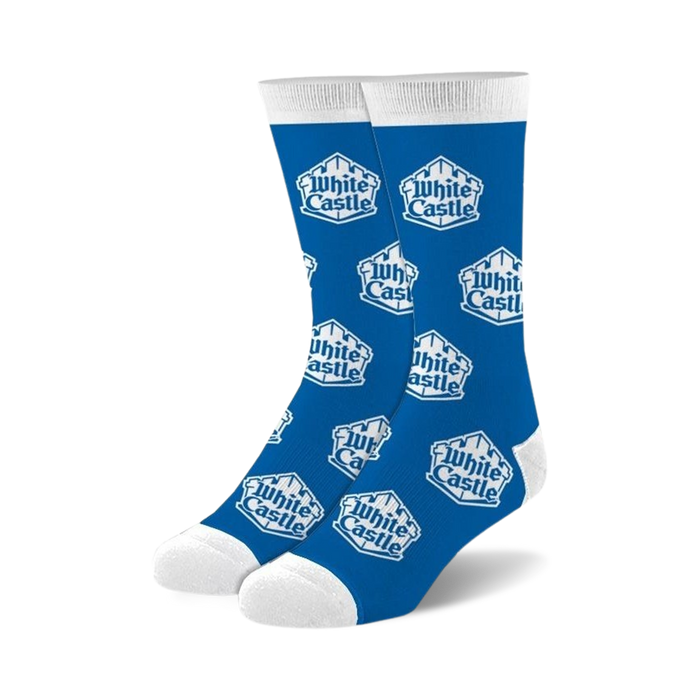 white castle logo on a blue background. crew-length socks for men and women.   }}