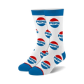 Pair of white crew socks with a repeating Pepsi logo pattern in red and blue.  Blue and white accents at the cuffs.
