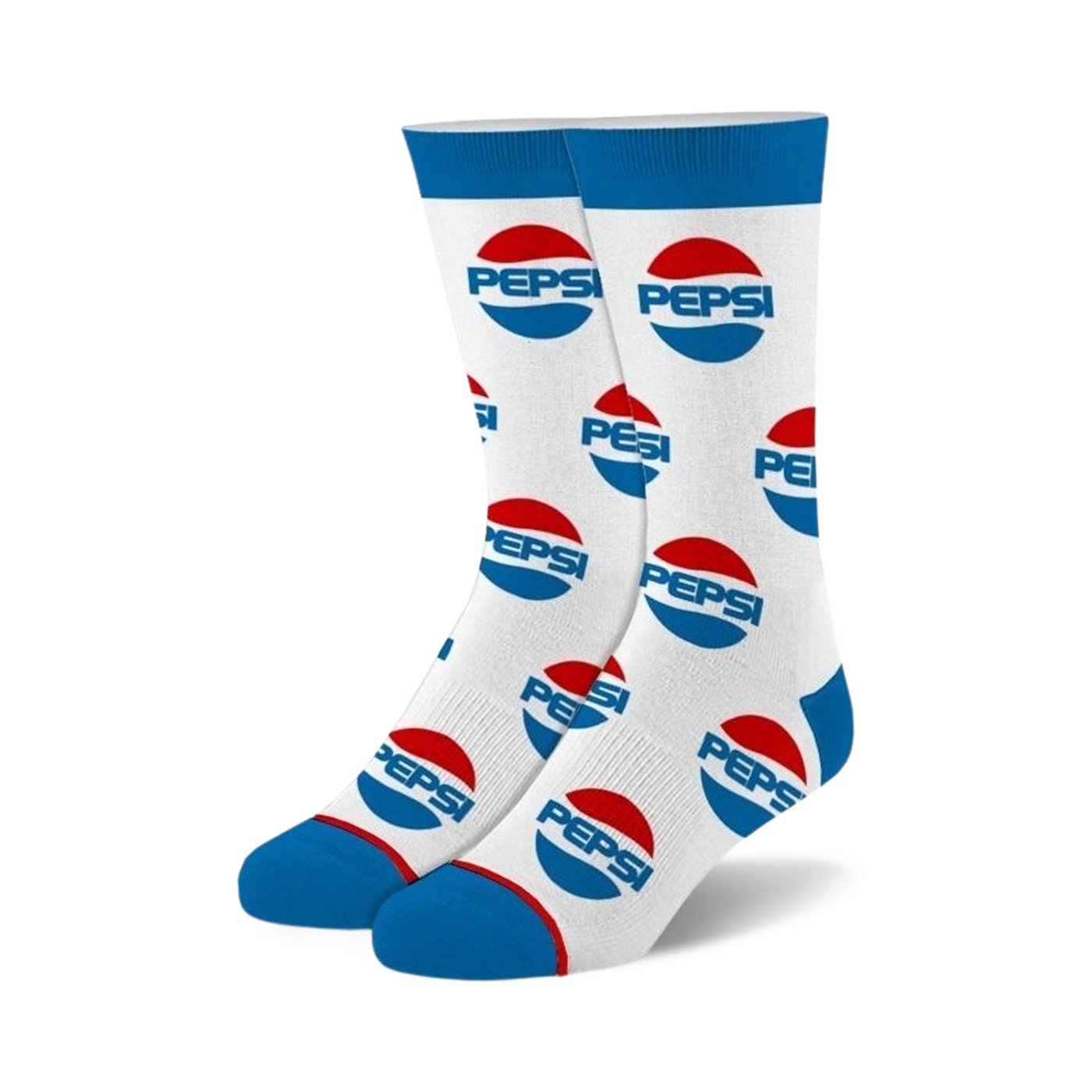 Pair of white crew socks with a repeating Pepsi logo pattern in red and blue.  Blue and white accents at the cuffs.