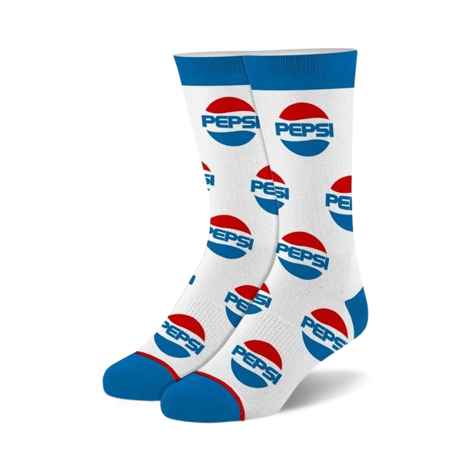 Pair of white crew socks with a repeating Pepsi logo pattern in red and blue.  Blue and white accents at the cuffs.