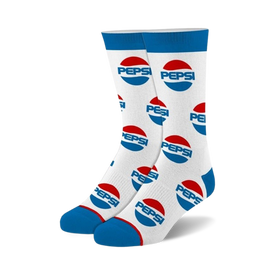 blue, white and red pepsi logo patterned crew socks for men and women.  