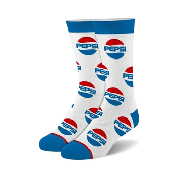 blue, white and red pepsi logo patterned crew socks for men and women.  