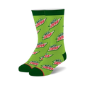 A pair of crew socks in lime green with a repeating Mountain Dew logo pattern. The socks have dark green cuffs.
