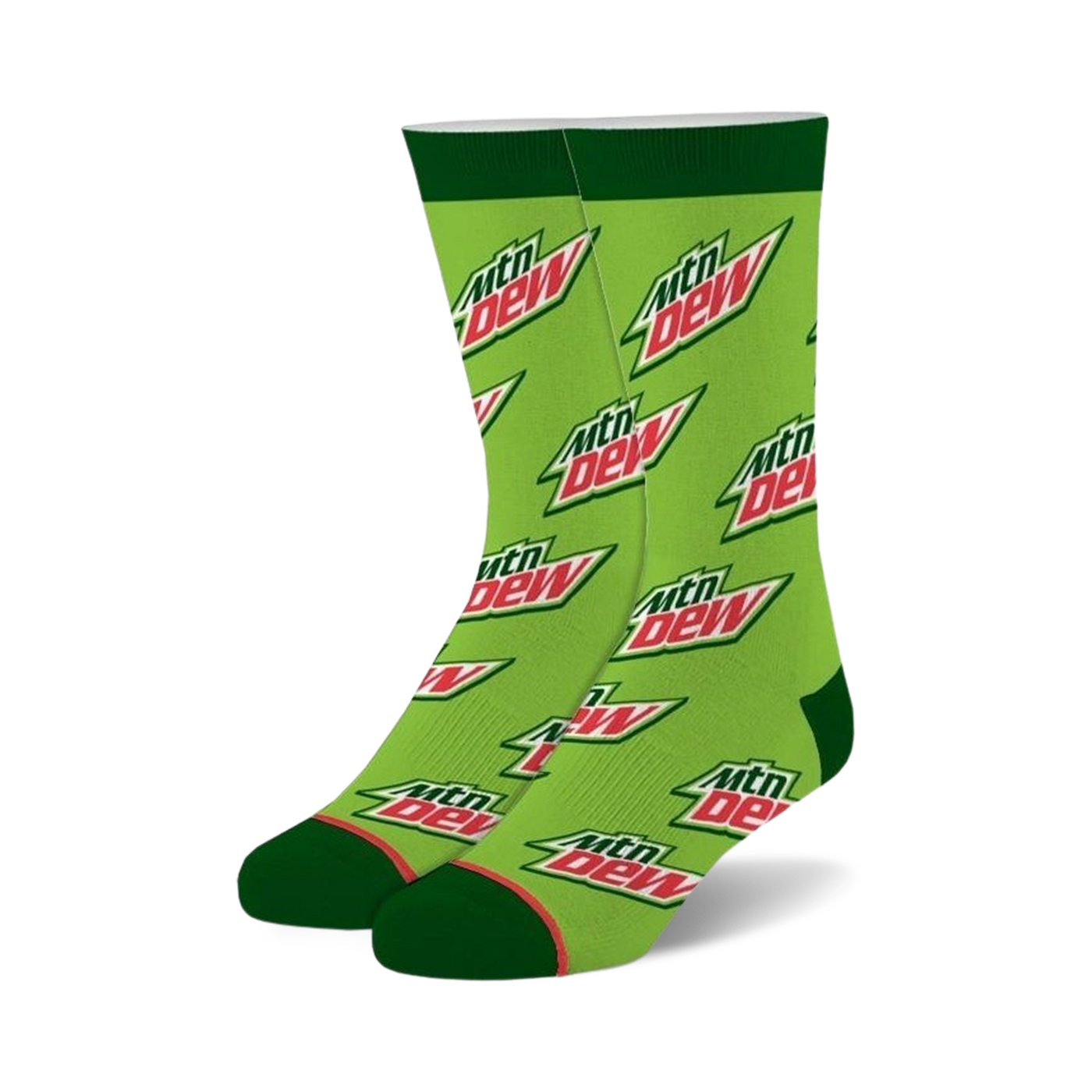 A pair of crew socks in lime green with a repeating Mountain Dew logo pattern. The socks have dark green cuffs.