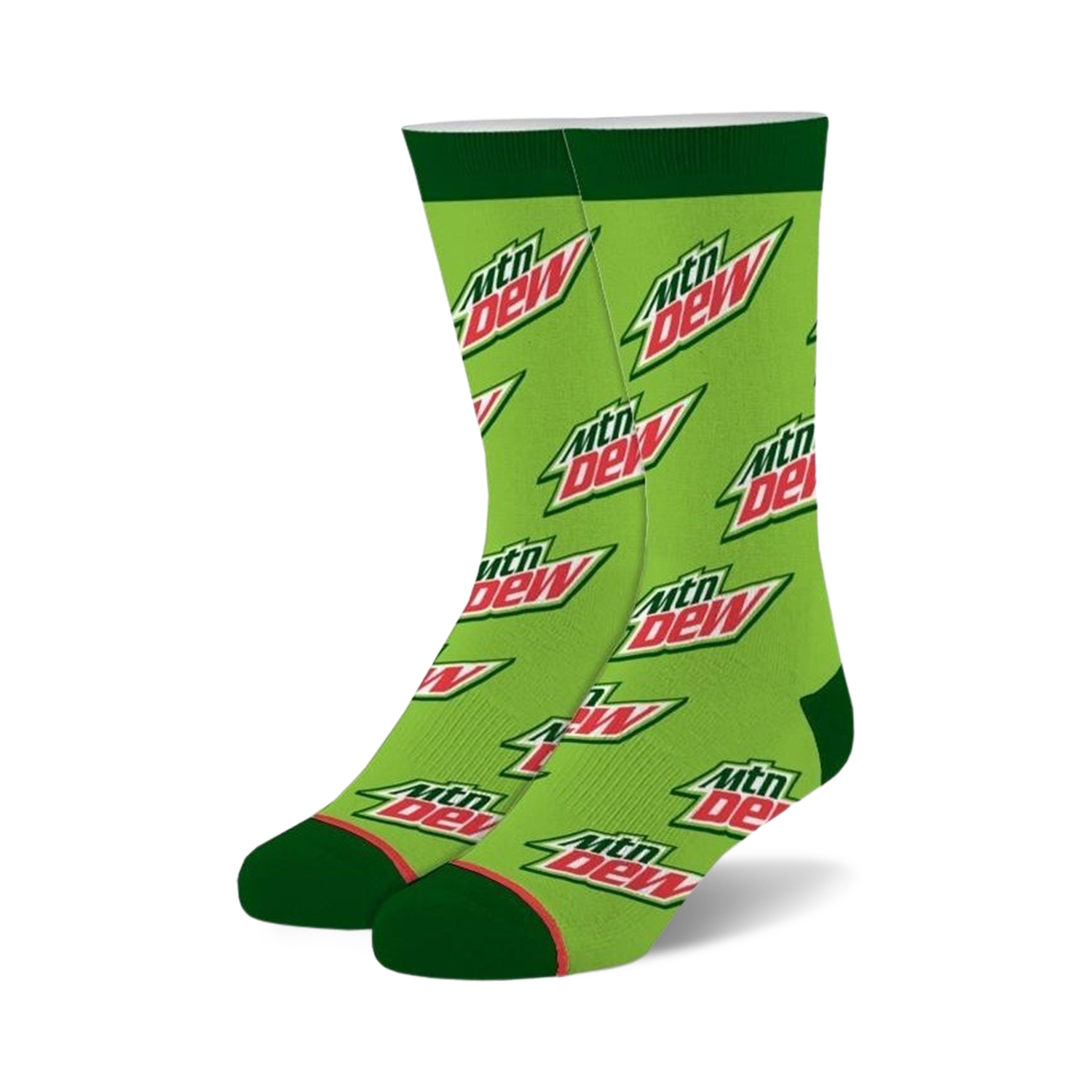 A pair of crew socks in lime green with a repeating Mountain Dew logo pattern. The socks have dark green cuffs.