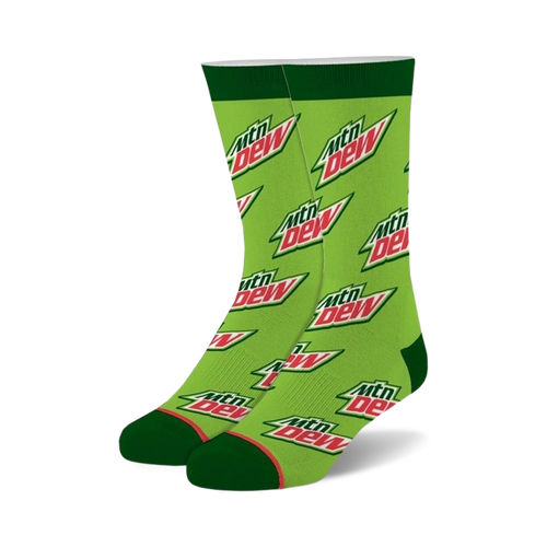 A pair of crew socks in lime green with a repeating Mountain Dew logo pattern. The socks have dark green cuffs.