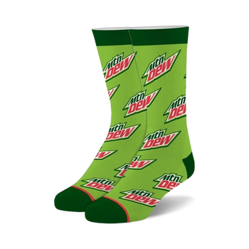 mountain dew all over crew socks: vibrant green socks with white and red mountain dew logos. perfect for mountain dew fans.  