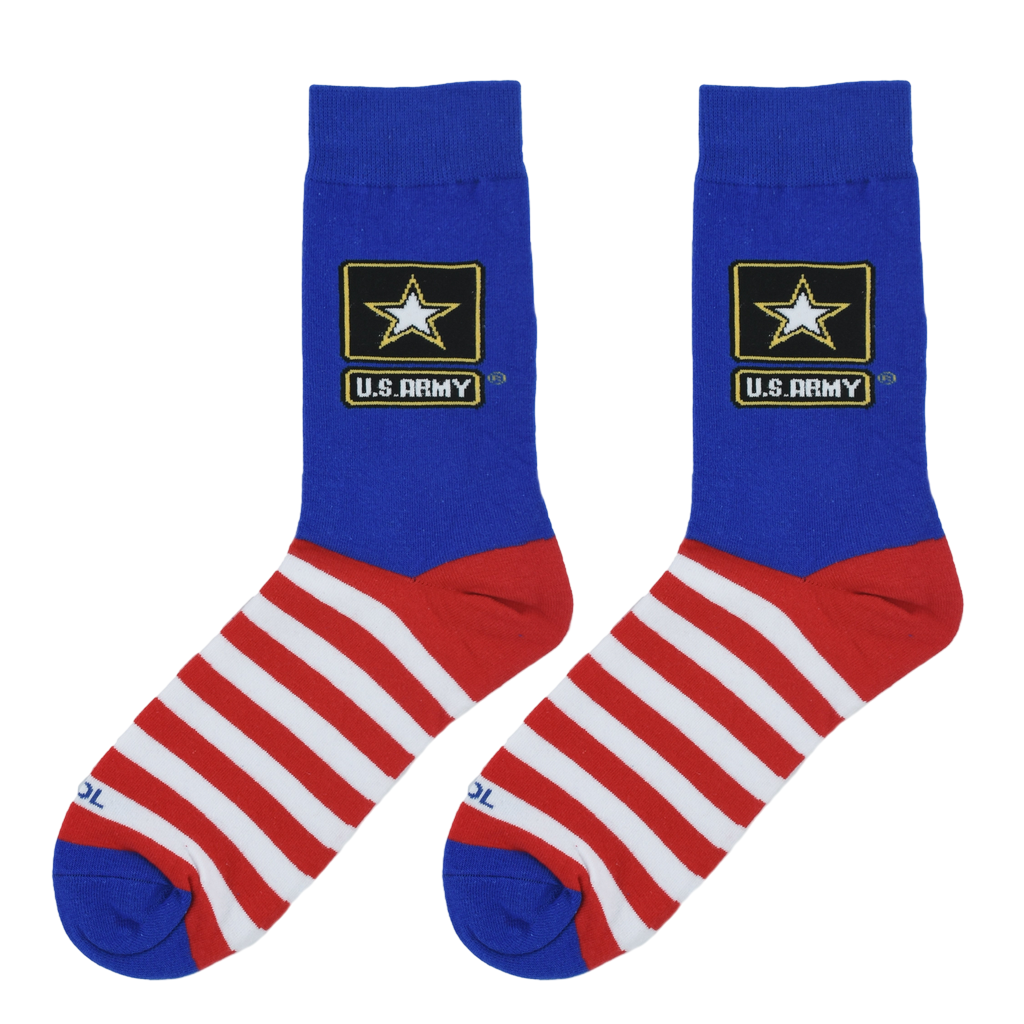 Flatlay image showing two US Army Flag socks on a white background.