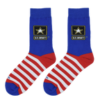 Flatlay image showing two US Army Flag socks on a white background.