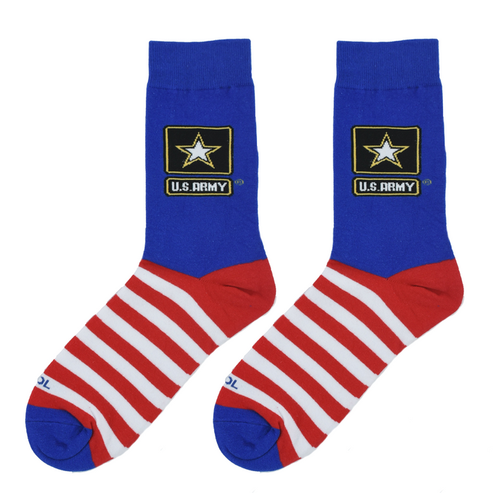 Flatlay image showing two US Army Flag socks on a white background.