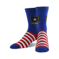 A pair of blue crew socks with red and white stripes at the bottom and the US Army logo on the top. 